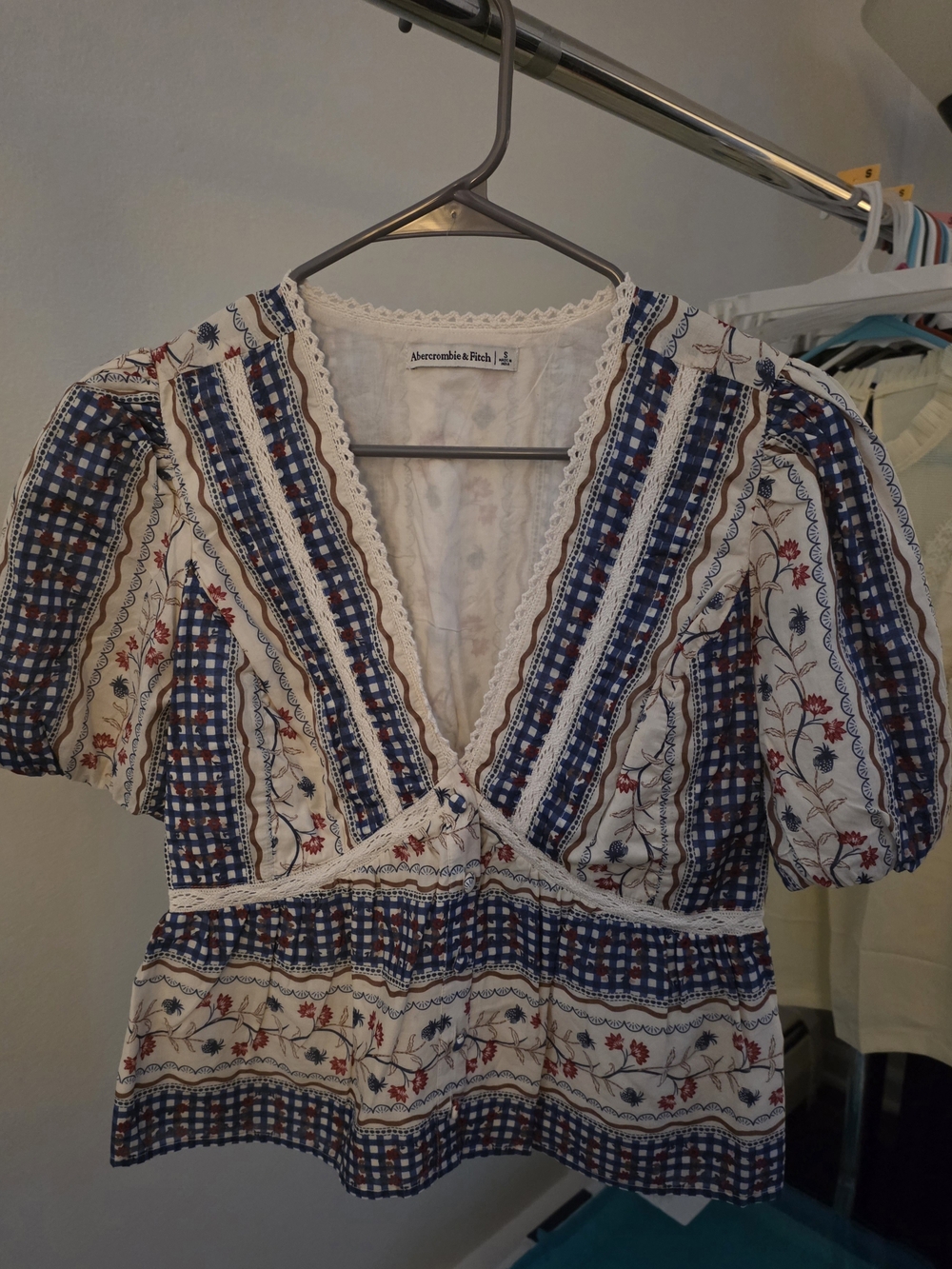 Abercrombie & Fitch Cream and Navy Floral-Striped Peasant Blouse - Picture 6 of 6